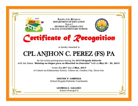 2019 BRIGADA ESKWELA Sample Certificate