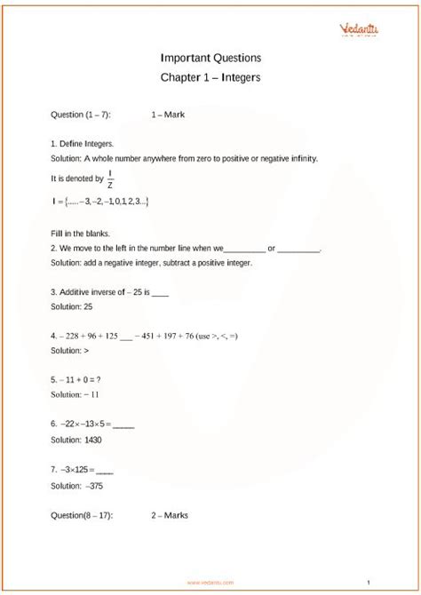 Class 7 Maths Integers Worksheet With Answers