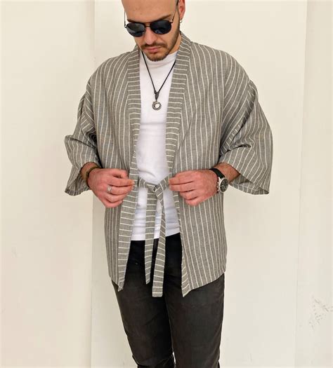 Men S Haori Kimono Jacket Lightweight Cotton Striped Etsy