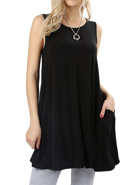 Women Round Neck Sleeveless Flowy Tunic Top With Side Pockets Black S