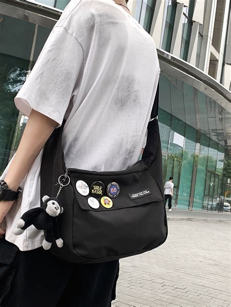 Men Letter Patch & Badge Decor Messenger Bag With Bag Charm | Upcycle