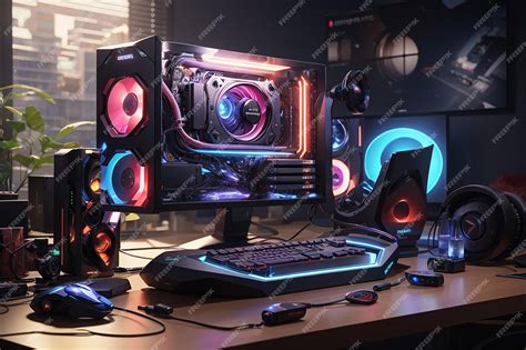 Premium AI Image | Gaming desktop pc computer setup gamer illustration