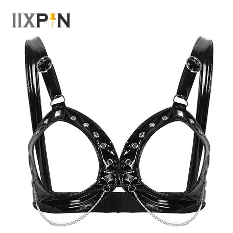 Womens Erotic Lingerie Sexy Open Cups Bra Top Wet Look Patent Leather