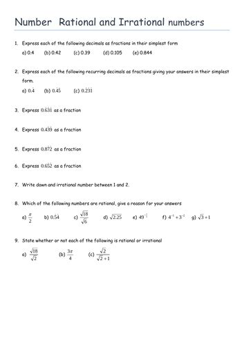 Rational And Irrational Numbers Teaching Resources