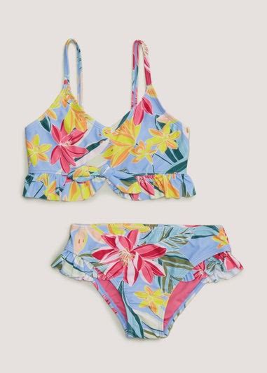 Girls Mini Me Blue Tropical Floral Bikini Set 4 13yrs Matalan