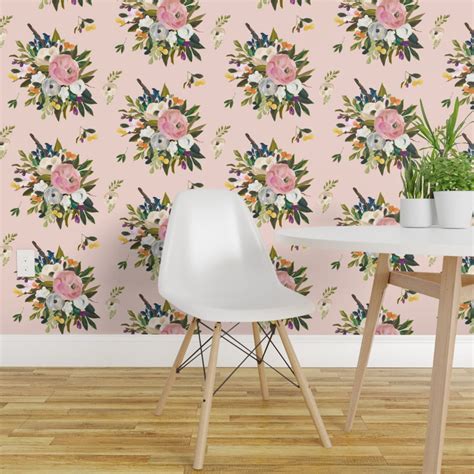 Peel And Stick Removable Wallpaper Pink Flowers Boho Watercolor Shabby