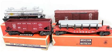 Lionel O Gauge 1940s Train Cars with Boxes - Includes: 6511 Flatbed with Pipes , 6454 Box Car ...