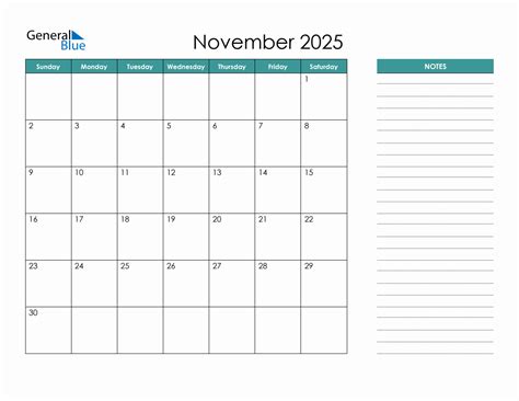 November 2025 Calendar Planner with Notes