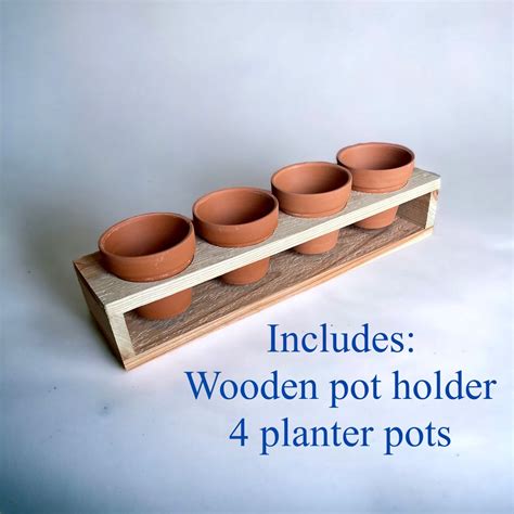 Herb Garden Planter Set with Wood Holder & 4 Pots, Indoor Outdoor Herb