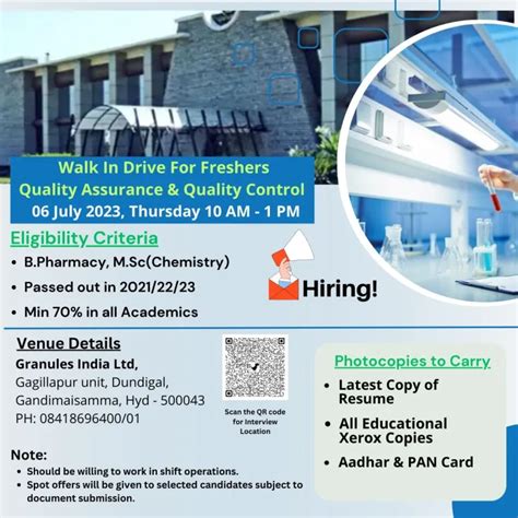 Granules India Limited Freshers Walk In Drive For QC QA Indian