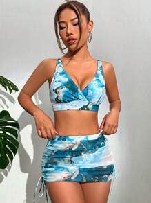 Shein Shein Swim Vcay Marble Print Bikini Swimsuit With Beach Skirt Shein Usa