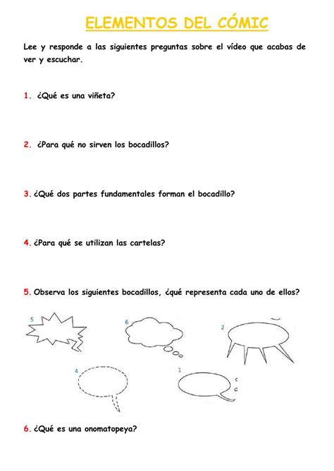 Elementos del cómic worksheet