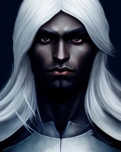 Portrait Beautiful Male Drow Long Wavy White Hair Stable Diffusion