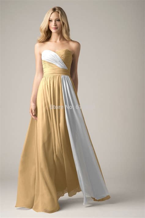 Strapless Chiffon Long White Gold Prom Dress Gold Prom Dresses Prom