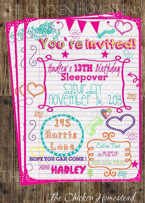 Custom Girls Sweet 16 Sleepover Doodle Birthday Invitation Digital