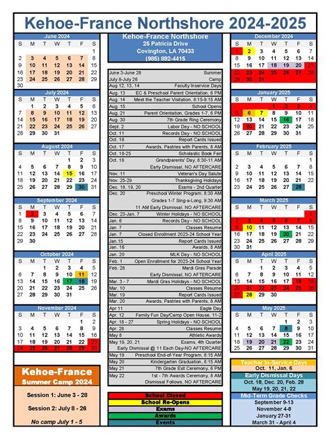 2024-2025 Yearly Calendar - Kehoe-France School Northshore