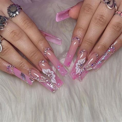 Floral Ombr Babygirl Luxury Glossy Pink Nude Butterfly Press On Nails With Flowers And Bling