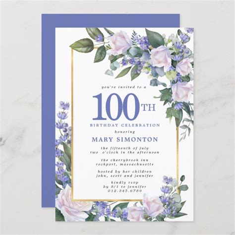 Blue White Gold Floral 100th Birthday Invitation Zazzle