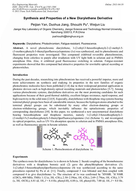 Synthesis And Properties Of A New Diarylethene Derivative Scientificnet