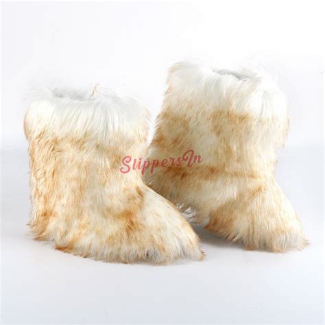 White Faux Fur Boots Fluffy Mid-Calf Winter Boots