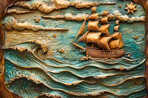 Premium Photo | Vintage Carved Wooden Sailing Ship on Ocean Waves with ...