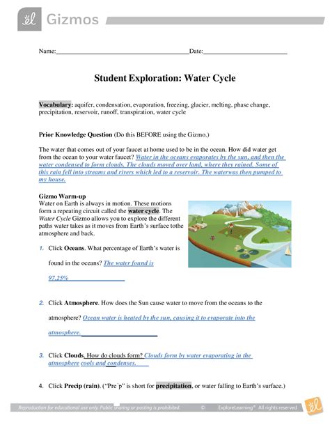 Gizmos Student Exploration Water Cycle Answer Key Browsegrades