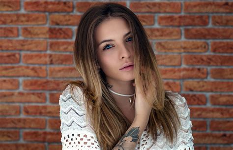 Women Face Blonde Blue Eyes Sensual Gaze Inked Girls Looking At Viewer Model Long Hair