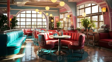 Retro vintage diner restaurant, interior design, stylish old fashioned ...