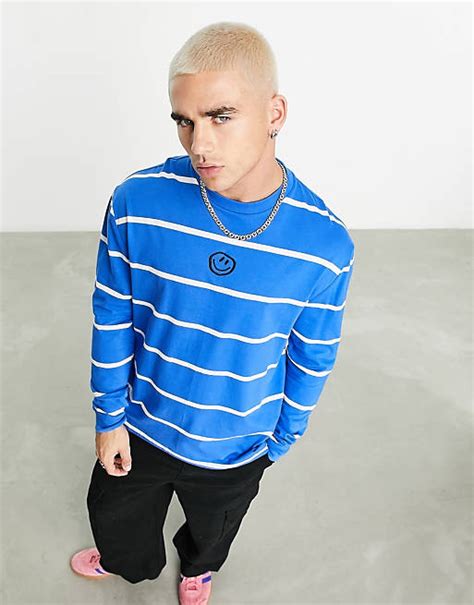 Asos Design Relaxed Long Sleeve Stripe T Shirt With Smiley Chest Print