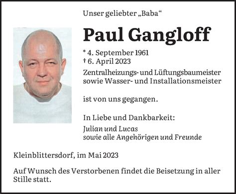 Traueranzeigen Von Paul Gangloff Saarbruecker Zeitung Trauer De