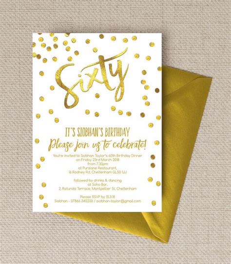 Gold Calligraphy & Confetti 60th Birthday Party Invitation from £0.90 each