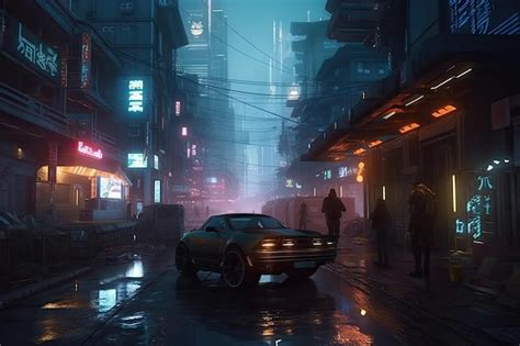 Uma Cena De Rua Da Cidade Cyberpunk Um Carro Em Primeiro Plano E