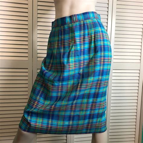 1980s Liz Claiborne Teal Plaid Skirt Gem