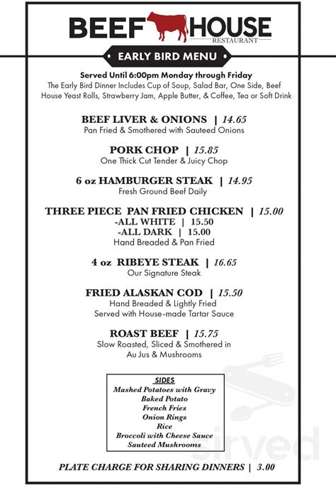 The Beef House Restaurant And Dinner Theatre Menus In Covington Indiana