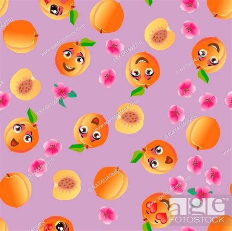 Seamless pattern with emoji peaches. Funny cute faces character, Stock ...