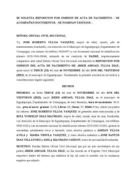 SE Solicita Reposicion POR Omision DE ACTA DE Nacimiento SE SOLICITA