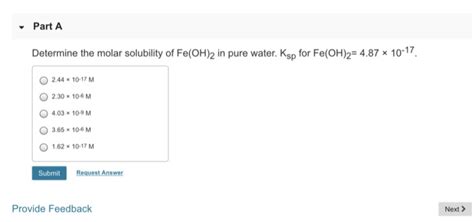 Solved Part A Determine The Molar Solubility Of Fe OH 2 In Chegg