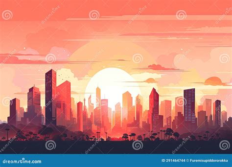 City Scenic Sunset with Outlines of City Buildings Stock Illustration ...