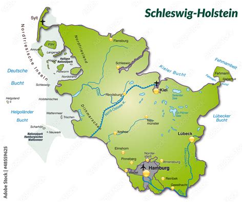 Landkarte Von Schleswig Holstein Als Inselkarte Stock Vektorgrafik