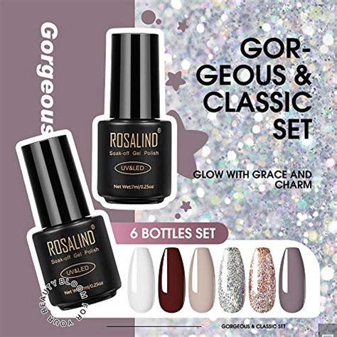 ROSALIND Fall Winter Gel Nail Polish Set 6 Colors Snow White Nude Champagne Gold Glitter Popular