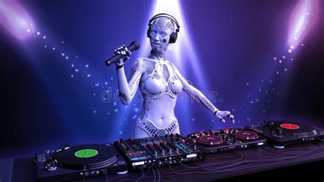 DJ Android Disc Jockey Robot Con Microfono Che Riproduce Musica Su