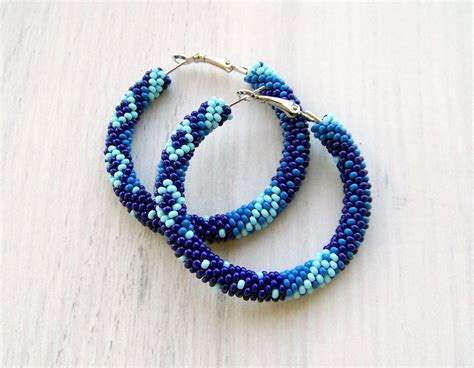 Blue Beaded Hoop Earrings Beadwork Earrings Beaded Jewelry Etsy Big