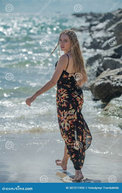 Young Woman In Summer Dress At Sea Fashion Woman On Seashore