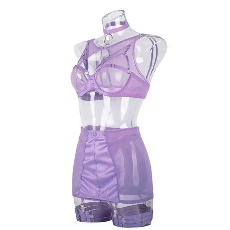 Boss Babe Transparent Bra Garter Skirt Lingerie Set Shiny Fashion Lale Look