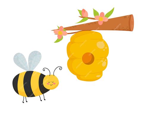 Premium Vector Yellow Honey Hive With Cute Bees Hanging On A Tree