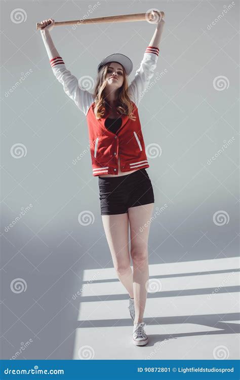 Young Sporty Woman Posing With Baseball Bat Stock Image Image Of