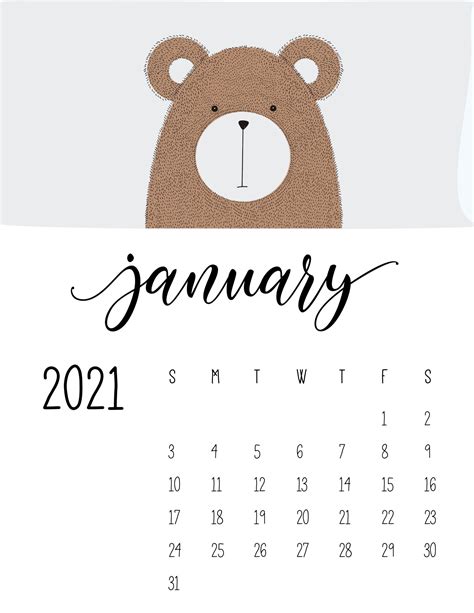 Cute Contemporary Peeking Animals 2021 January Calendar | Kids calendar ...