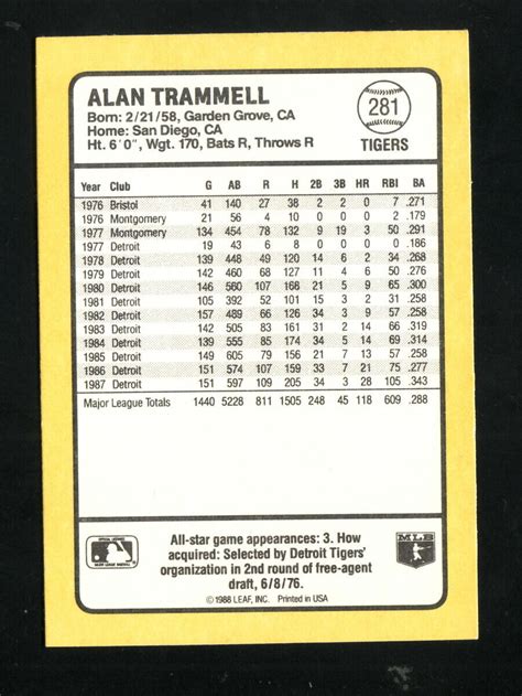 Alan Trammell Detroit Tigers Donruss Best Baseball Card Ebay