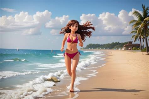 Premium AI Image Beautiful Girl Running In Bikini At Beach