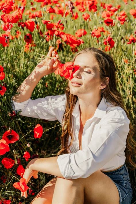 Woman Poppies Field Happy Woman Is Resting In The Rays Of The Sun